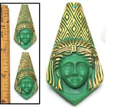 46mm Vintage Czech Glass Egyptian Revival GREEN Goddess Cleopatra Buttons 2pc picture