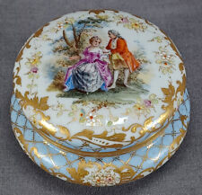 Sevres Style Hand Painted Watteau Scene Raised Gold Enamel & Blue Trinket Box picture