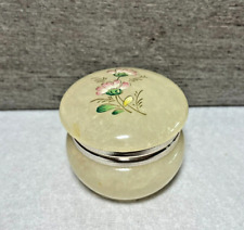 Vintage Genuine Alabaster Gypsum Hinged Jewelry Trinket Box Yellow Floral picture