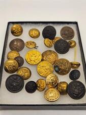 Vintage Collection of 27 Brass & Metal Buttons in Small Box, Military, Others picture