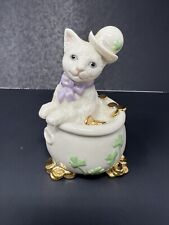 Lenox St. Patrick’s Day Cat Figurine In Pot Of Gold Green Shamrocks picture