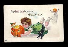 c1911 Stecher Halloween Postcard Girl JOL, Black Cat & Ghost picture
