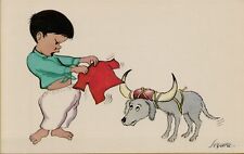 Segura Porfirius Artist Signed A/S Art Bullfighting Boy & Dog Postcard C13 picture
