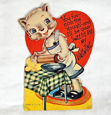 Valentines Greeting Card Vintage 1940s Mechanical Scrapbook Cat Baking Sweetie picture