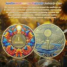Delicate Sunflower 1 Month Sobriety Coin Recovery Butterfly AA Coin Gifts picture