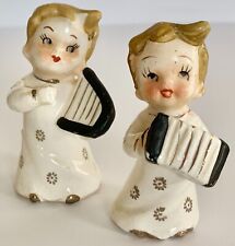 Vintage Porcelain Choral Figurines One with Accordion and One with Harp picture