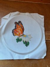 Beautiful Cross Stitched Butterfly Monarch w White Beaded Flower Needlework for picture