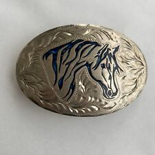 Vtg ADM Blue Colored Mother of Pearl Inlay Horse Western Belt Buckle picture