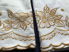 Pair Of Embroidered Vintage Cotton Pillowcases. Cream And Gold. picture