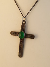 Vintage sterling silver Jerusalem cross pendant necklace green glass picture