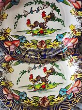 (2)PAIR Vintage BRAZIL Action Industries Tin Plate/Bowl Roosters Floral Boho MCM picture