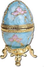 Bejeweled Faberge Egg Hinged Metal Enameled Crystal Jewelry Trinket box-Blue picture