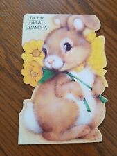 Vintage Great Grandpa Father's Day Card Bunny Holding Flowers Die Cut 1980's picture