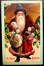 Long Red Robe Santa Claus with Umbrella ~ Jester Toys~ Christmas Postcard~k244 picture