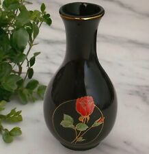 Otagiri Crimson Rose Bud Vase Black Porcelain Gold Trim Japan VTG Red Flower 4.5 picture