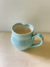 Hand Thrown Pottery Mug Blue-Green Brown Drip Glaze 12 Oz   Thumb Rest Signed picture