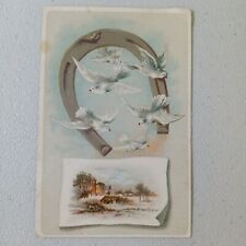 Victorian Trade Card Doves Horseshoe Cottage Scene Luck Love Horse Shoe picture