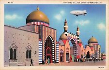 Postcard Oriental Village Chicago World's Fair Blimp Zeppelin picture