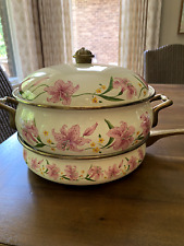 Normandy Vintage 3 pc enamel cookware Brass dutch oven & frying pan lily picture