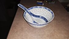 VINTAGE TRANSLUCENT PORCELAIN RICE EYE PATTERN CHINESE SOUP BOWL & SPOON picture