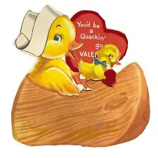 1940s Vintage Valentine Card Anthropomorphic Ducks in Canoe Yellow Ducky Die Cut picture