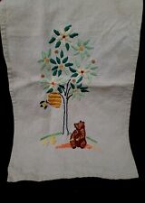 Vintage Crewl Hand Embroidered Tea Towel Bear Honey Bee Decorative Rare Old picture