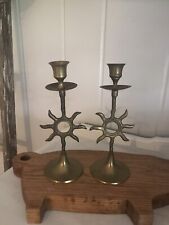 Brass Candlesticks Sun Motif Fornasetti Style Vintage Two Pair picture