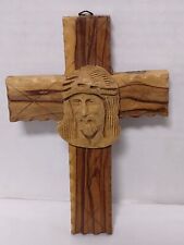 Vtg Hand Carved Small Wooden Jesus Bust on a Cross Made in Bethlehem Handmade picture
