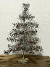 Vintage Style Silver Tinsel Feather Christmas Tree Red Ornaments Wood Base 18