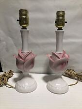 EXTREMELY RARE Vintage Pair Small Porcelain Rose Rosebud ￼Floral Lamps Milk Glas picture