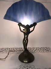 Loevsky 1900's Art Deco Frankart Style Metal Nude Lady Lamp Blue Slag Glass Fan picture