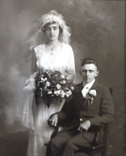 Antique Wedding Photo Beautiful Bride & Groom Fashionable Young Couple Portrait picture