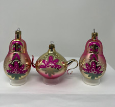 Vintage Christmas Russian Ornament Nesting Doll Tea Pot Blown Glass Set Of 3 picture