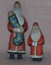 Vintage Carved Wooden Folk Art Sant Clause Figures Christmas signed lot of 2 picture