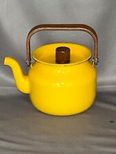 Vtg. yellow enamel tea kettle teapot. Teak wood handle. Retro. Excellent. picture