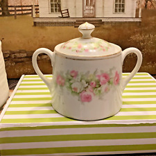 Small Covered Sugar Bowl~c 1940’s~Small Petite Pastel Roses~Porcelain~Handles~ picture