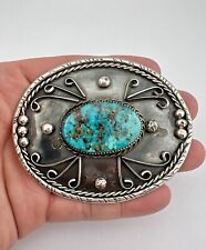 Vtg Navajo Sterling Silver Kingman Turquoise Stamped Belt Buckle 3.5