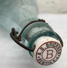 Antique Blue Tint AB Brickner Newton NJ Bottle w/K Hutter Porcelain Blob Top 9.5 picture