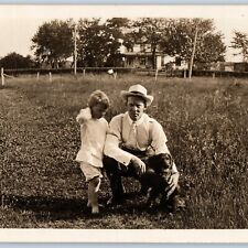 c1910s Lovely Father & Son Cute Small Dog RPPC Farm House Fence Real Photo A193 picture