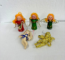 Lot of 5 Vintage Christmas Angel Ornaments Wood, Knit, Plastic picture