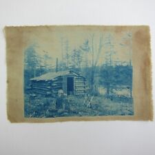 Cyanotype Photograph On Cloth Log Cabin In Woods Trees Forest Antique 1800s RARE picture