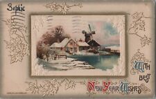 1910 John Winsch Antique Embossed Postcard New Years Wishes Windmill Gold Posted picture