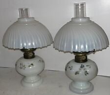 Antique Pair of Miniature Oil Lamps Beautiful Milk Glass with Opalescent Shades picture