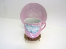 Antique Small Child's Teacup and Saucer Pink & Blue Flower - Porcelain - VGUC picture