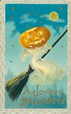 Joyful Halloween Postcard~Antique~JOL Head Witch Riding Broom~Man In Moon~c1912 picture
