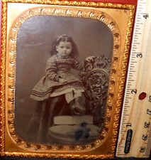 Quarter plate size Tintype of young girl in brass mat/frame picture