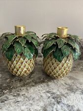 Pair of Vintage Enameled Brass Pineapple Candle Holders - Detailed Heavy Unique picture