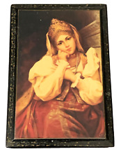 Russian Lacquer Keepsake Jewel Trinket Box Girl by  Stove Print Footed 6.25x4.25 picture