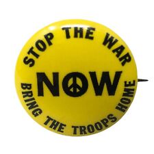 VTG Stop The War NOW Bring The Troops Home Vietnam War Yellow Pin Button Protest picture