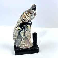Exquisite Hand-Carved Horn Pen Holder with 3 Birds Glass Eyes - Beautiful Design picture